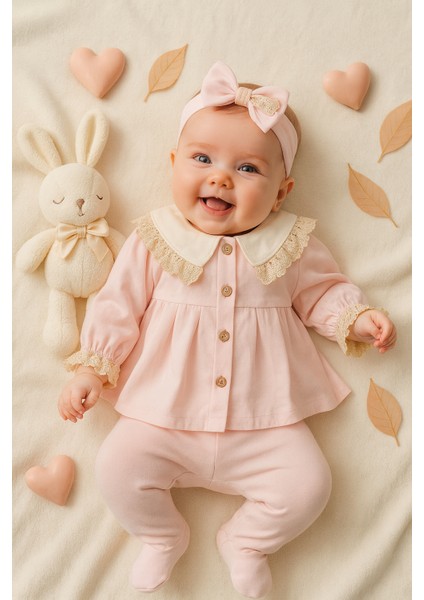 Yeni Doğan Kız Bebek 0/3 Ay Yakalı Ucu Dantelli 3'lü Bebek Takımı Zıbın Seti