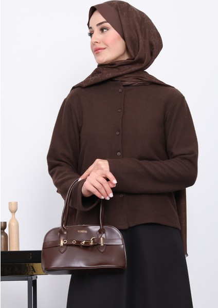 Kahverengi Düğmeli Dokulu Hırka modelleri