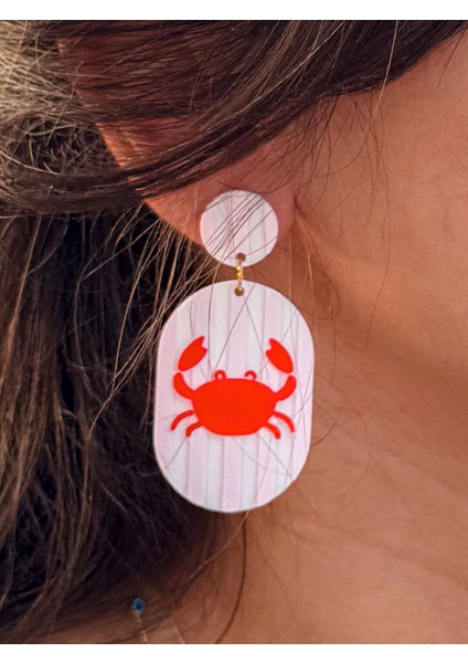 Pembe Beyaz Çizgili Yengeç Desenli Özel Tasarım Küpe