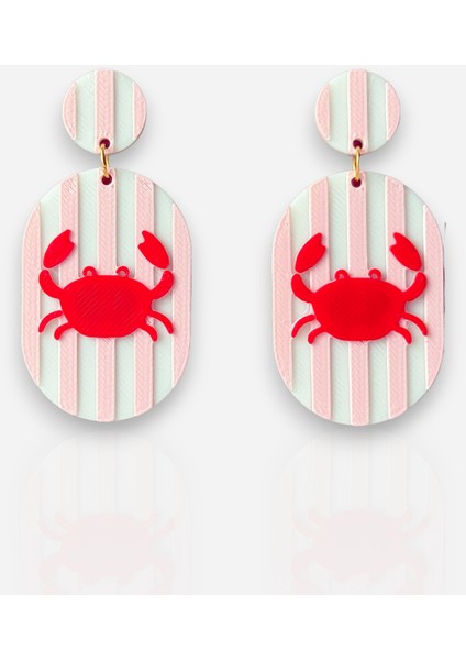 Pembe Beyaz Çizgili Yengeç Desenli Özel Tasarım Küpe fiyatları