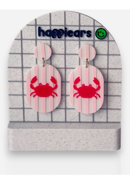 Pembe Beyaz Çizgili Yengeç Desenli Özel Tasarım Küpe modelleri