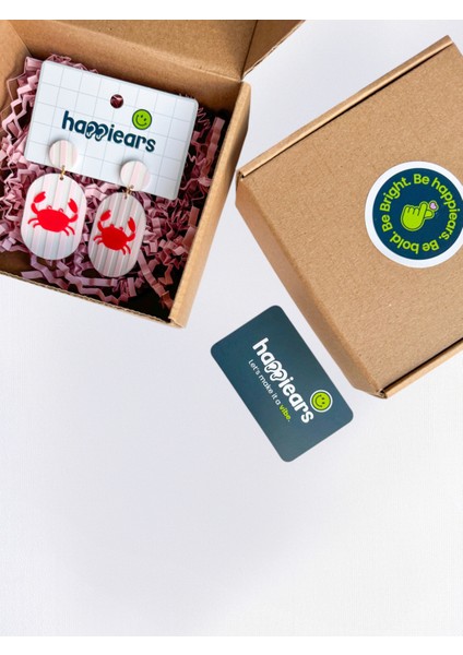 Pembe Beyaz Çizgili Yengeç Desenli Özel Tasarım Küpe fırsatları