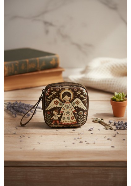 Koruyucu Melek Figürlü Fermuarlı Mini Kılıf - Manevi Temalı Taşıma Çantası (Rozaryo/takı/kulaklık)