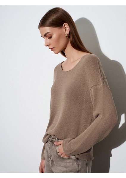 10706 Oval Yaka Dökümlü Kazak-Koyu Vizon fiyatları