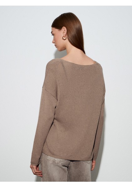 10706 Oval Yaka Dökümlü Kazak-Koyu Vizon fırsatları