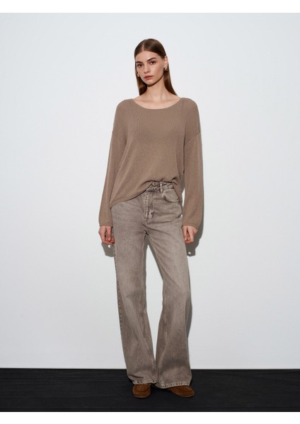 10706 Oval Yaka Dökümlü Kazak-Koyu Vizon indirimleri