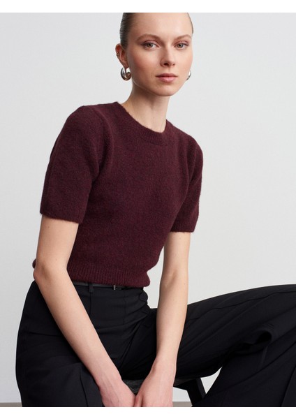 10651 Yün Karışımlı Kısa Kollu Triko Kazak-Koyu Bordo