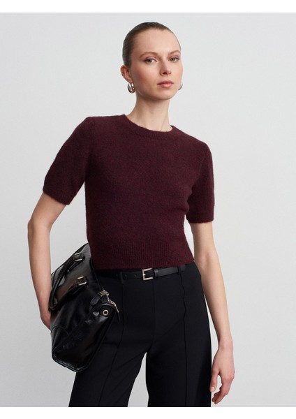 10651 Yün Karışımlı Kısa Kollu Triko Kazak-Koyu Bordo fiyatları