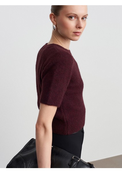 10651 Yün Karışımlı Kısa Kollu Triko Kazak-Koyu Bordo modelleri