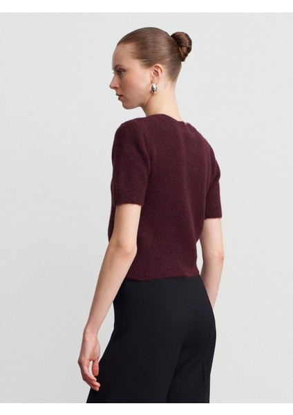 10651 Yün Karışımlı Kısa Kollu Triko Kazak-Koyu Bordo fırsatları