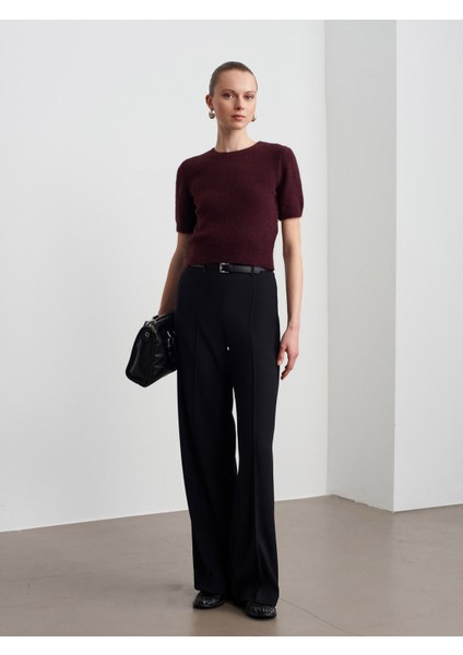 10651 Yün Karışımlı Kısa Kollu Triko Kazak-Koyu Bordo indirimleri