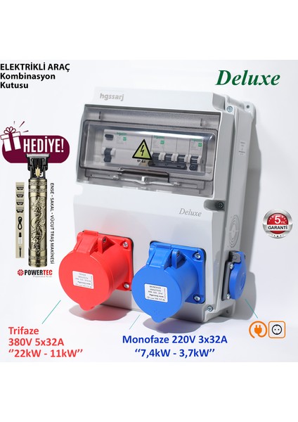 "Deluxe" 22kW Trifaze 7,4kW Monofaze 5X32A + 3X32A + 1X16A Elektrikli Araç Kombinasyon Kutusu Kaçak Akım Röle Schneider Marka Sigorta Grubu