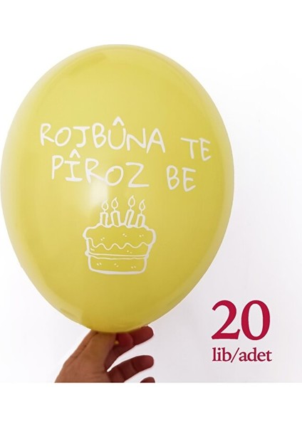 Kürtçe Doğum Günü Balonu - Sarı (20 Adet) - Rojbuna Te Piroz Be 12 Inç - 30 cm
