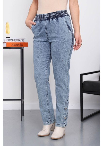 Açık Mavi Paça Düğmeli Kot Pantolon