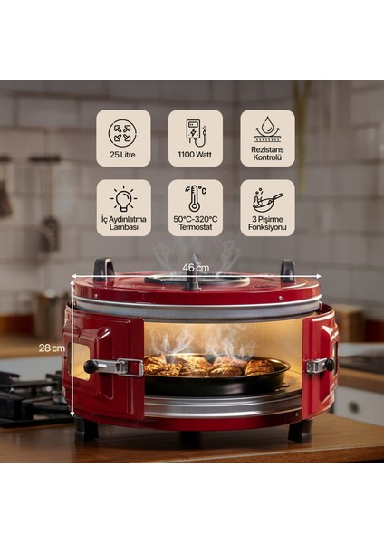 AF130L 25 Litre Orta Boy Yuvarlak Davul Fırın, İç Aydınlatmalı, Termostatlı, Üst & Ön Gözetleme Camlı, 1 Tepsi fiyatları