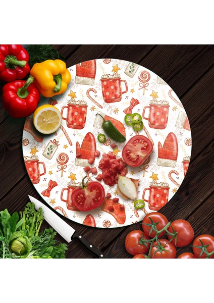 Cam Kesme Tahtası ve Sunumluk Yuvarlak Christmas Yılbaşı Desenli 30 x 30 cm modelleri