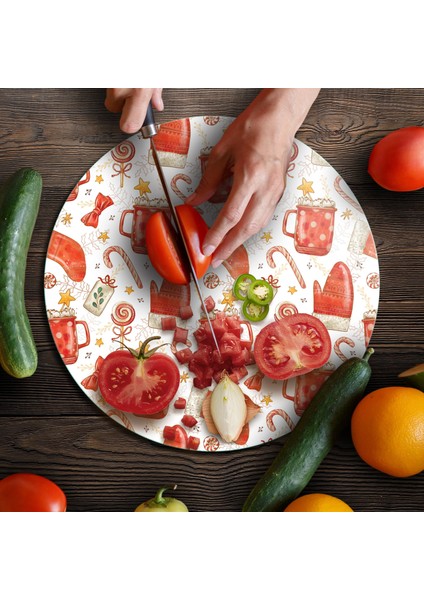 Cam Kesme Tahtası ve Sunumluk Yuvarlak Christmas Yılbaşı Desenli 30 x 30 cm fırsatları