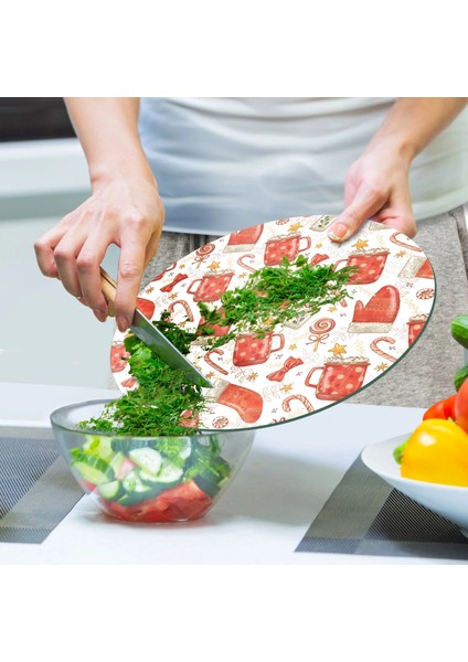 Cam Kesme Tahtası ve Sunumluk Yuvarlak Christmas Yılbaşı Desenli 30 x 30 cm indirimleri