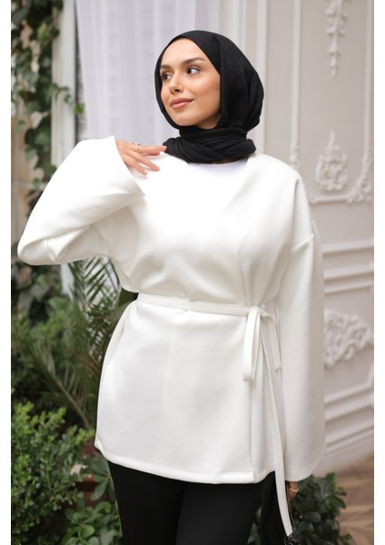 Krem Kuşaklı Scuba Kimono