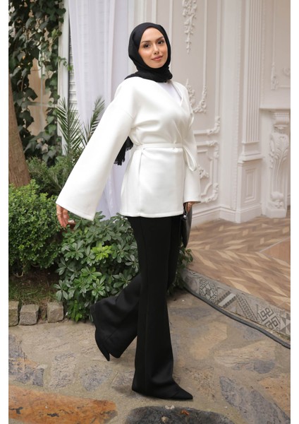 Krem Kuşaklı Scuba Kimono modelleri