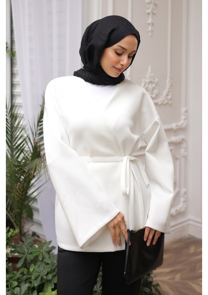 Krem Kuşaklı Scuba Kimono indirimleri