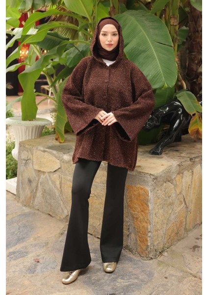 Kahverengi Kapüşonlu Düğmeli Simli Triko Hırka fiyatları