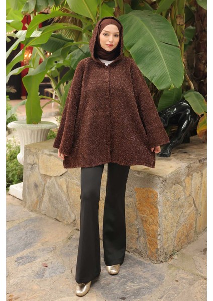 Kahverengi Kapüşonlu Düğmeli Simli Triko Hırka fırsatları