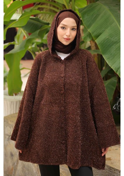 Kahverengi Kapüşonlu Düğmeli Simli Triko Hırka indirimleri