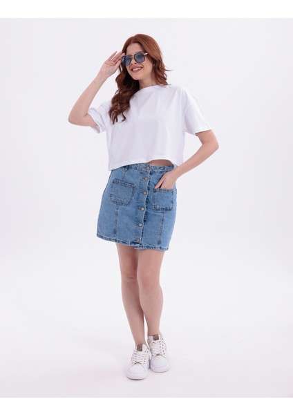 Beyaz Bisiklet Yaka Basic Kısa Kollu Crop T-Shirt