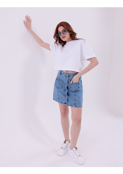 Beyaz Bisiklet Yaka Basic Kısa Kollu Crop T-Shirt fiyatları