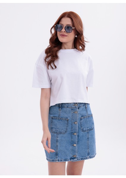 Beyaz Bisiklet Yaka Basic Kısa Kollu Crop T-Shirt fırsatları