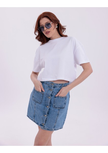 Beyaz Bisiklet Yaka Basic Kısa Kollu Crop T-Shirt indirimleri