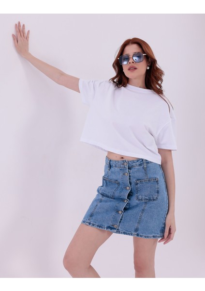 Beyaz Bisiklet Yaka Basic Kısa Kollu Crop T-Shirt