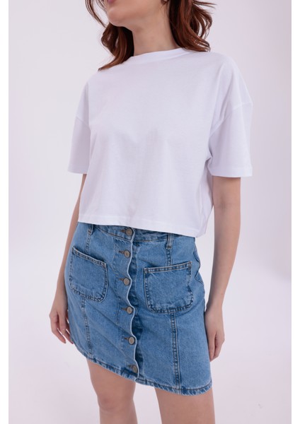 Beyaz Bisiklet Yaka Basic Kısa Kollu Crop T-Shirt