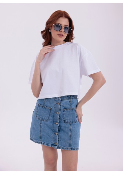 Beyaz Bisiklet Yaka Basic Kısa Kollu Crop T-Shirt