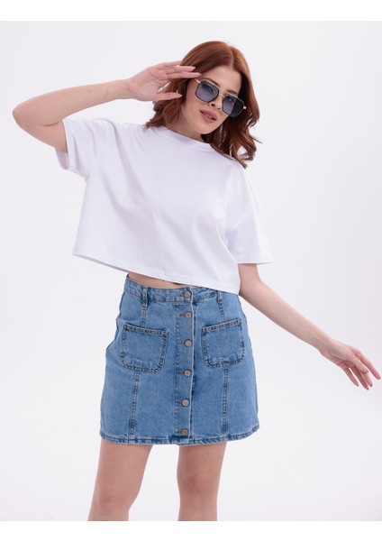 Beyaz Bisiklet Yaka Basic Kısa Kollu Crop T-Shirt