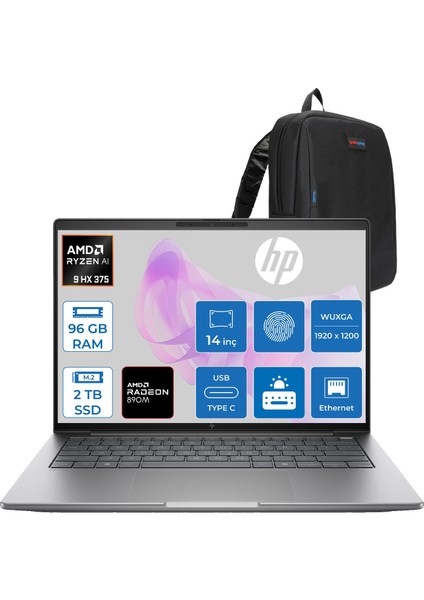 Zbook 8 G1IA Ryzen Al 9 Hx Pro 375 96GB 2tb SSD Amd Radeon 890M 14" Wuxga IPS 400NITS 100% Srgb Windows 11 Home Taşınabilir Iş Istasyonu B30HKESH31 + Zettaçanta