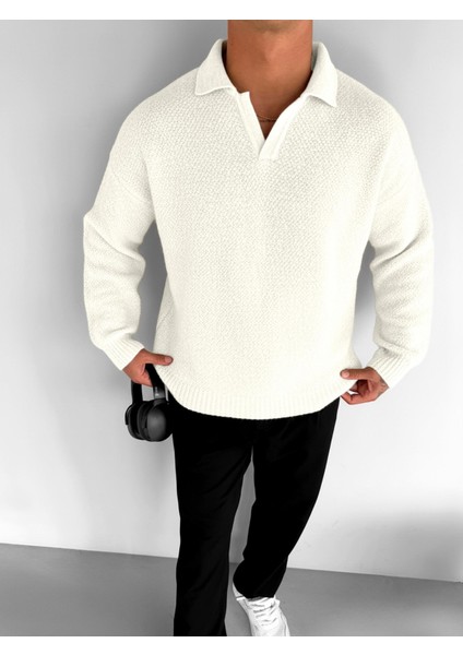 Erkek Oversize Dokulu Kazak Beyaz modelleri