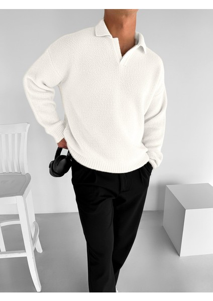 Erkek Oversize Dokulu Kazak Beyaz fırsatları