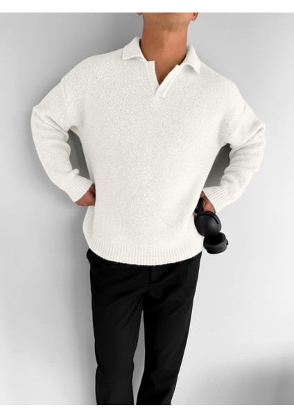 Erkek Oversize Dokulu Kazak Beyaz indirimleri