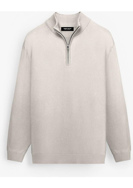 Erkek Yarım Fermuarlı Polo Yaka Kazak Bej fırsatları