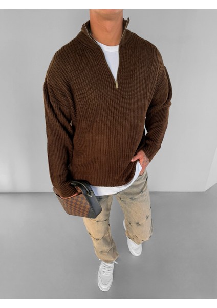 Erkek Oversize Yarım Fermuarlı Kazak Kahve