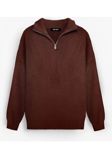 Erkek Oversize Yarım Fermuarlı Kazak Kahve