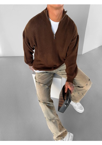 Erkek Oversize Yarım Fermuarlı Kazak Kahve