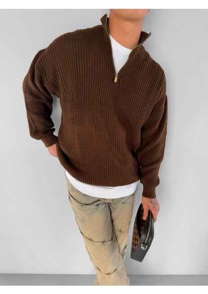 Erkek Oversize Yarım Fermuarlı Kazak Kahve