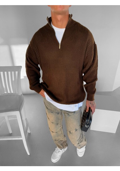 Erkek Oversize Yarım Fermuarlı Kazak Kahve
