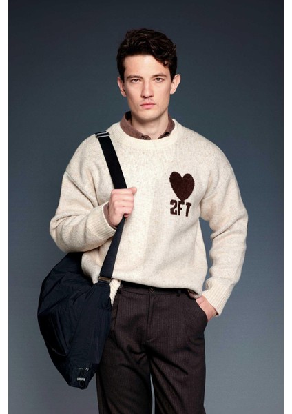 Erkek Desenli Oversize Triko Kazak Bej