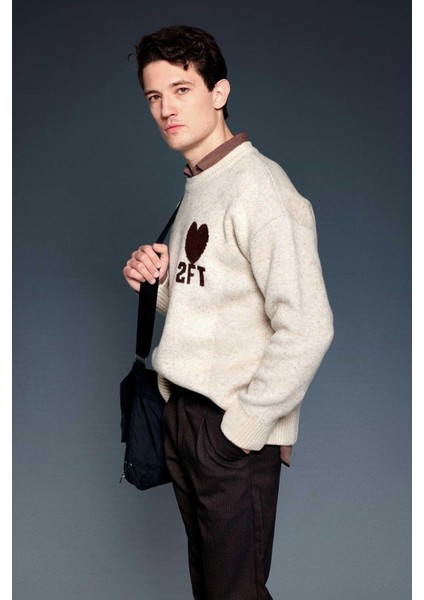 Erkek Desenli Oversize Triko Kazak Bej