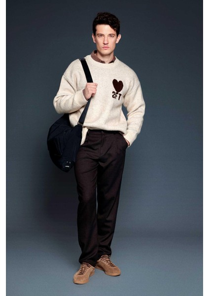 Erkek Desenli Oversize Triko Kazak Bej