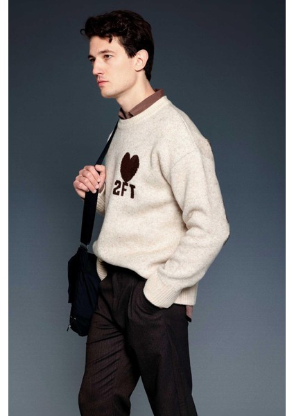 Erkek Desenli Oversize Triko Kazak Bej